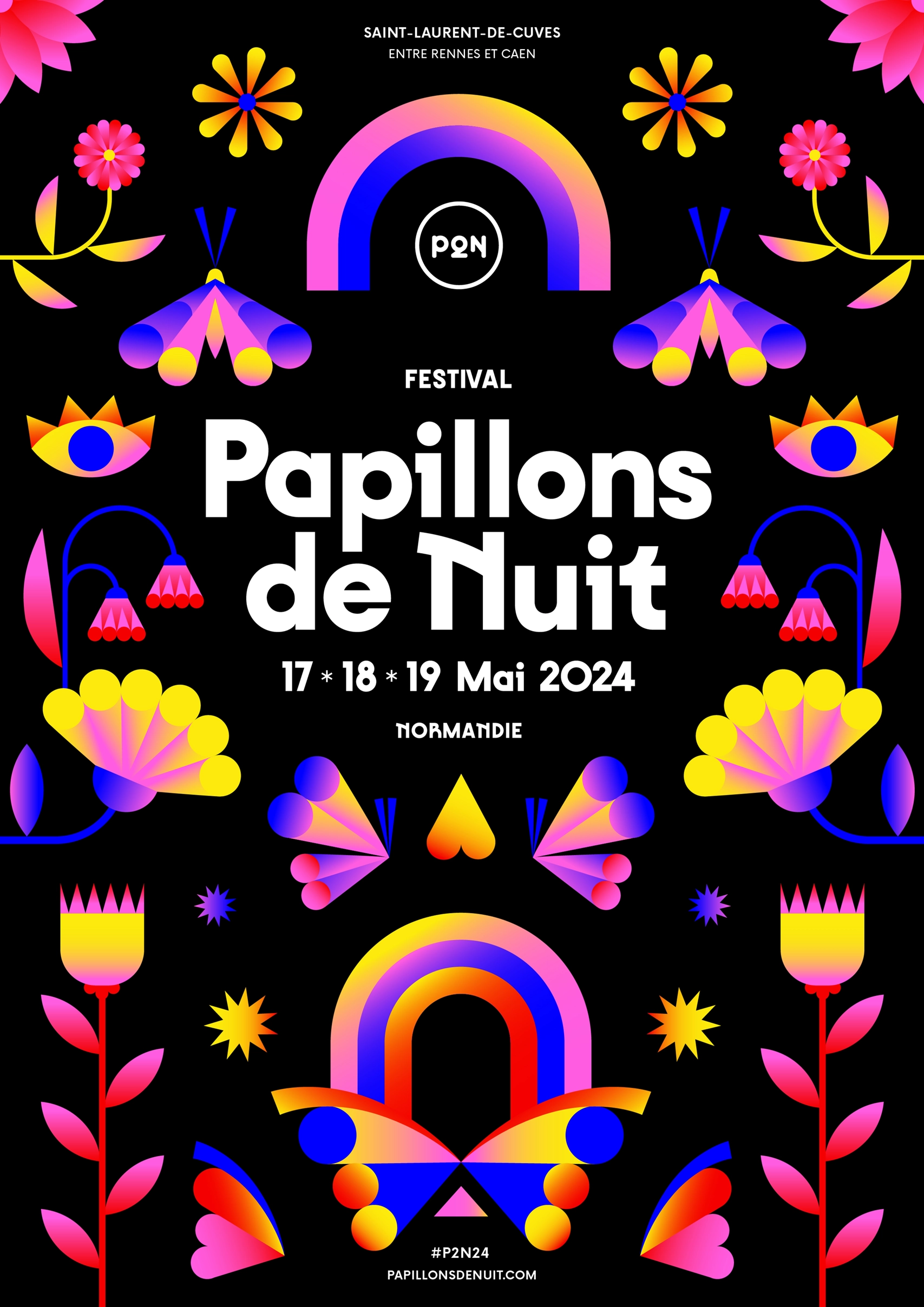 Visuel de l'affiche du festival des papillons de nuit 2024 arc en ciel fleurs et papillons dessinés en dégradés jaunes roses violet sur fond noir